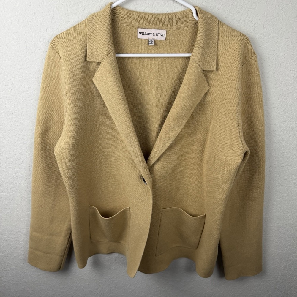 Willow & Wind Beige Tight-Knit Collared Cardigan Sweater M Button Pockets